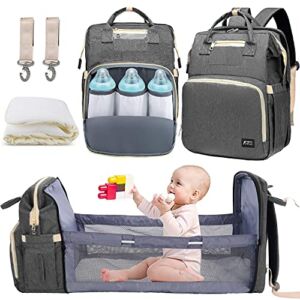 3 in 1 Diaper Bag Backpack,Large Capacity Waterproof Travel Nappy Bag,Multifunctional Foldable Baby Crib Changing Table. (Grey)