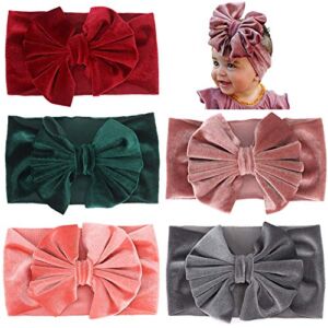 SuperiMan Wide Band Velvet Headband for Baby Girls,Toddler Girls Bows Turban Head Wrap Hair Bands Photography Props Hairband (Red+Green+Watermelon Red+Pink+Gray), Large