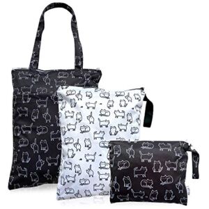 FLOCK THREE 3pcs Waterproof wet bag tote reusable wet clothes baby diapers stroller swimsuit travel reusable toiletries pouch small larger case Cat
