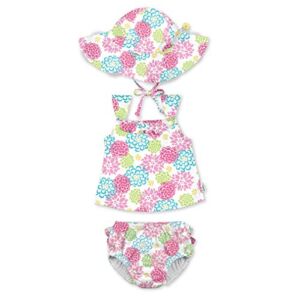 i play. by Green Sprouts Baby Brim Sun Protection Hat + Two-Piece Ruffle Tankini Set with Snap Reusable Absorbent Swimsuit Diaper, White Zinnia, 4T