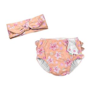 i play. by Green Sprouts Baby Ruffle Snap Reusable Absorbent Swim Diaper + Headband Set, Coral Hibiscus, 24 Months