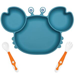 YIVEKO Baby Plates with Suction Divided, Baby Spoon Fork Set for Toddlers, Silicone Plates for Kids with Suction Baby Dishes Kids Plates and Utensils-Crab Blue