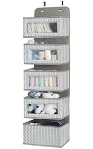 Over the Door Hanging Organizer with 5 Large Pockets – Wall Mount Pantry Storage with Clear PVC Window & 2 Big Metal Hooks for Closet,Bathroom,Nursery,Bedroom,Dorm,Baby Diapers,Kids Toys (Gray)