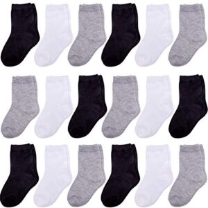 Duufin 18 Pairs Toddler Socks Mid Cut Cotton Crew Socks Mid Calf Kids Socks(Black,white,gray, 2-4T)
