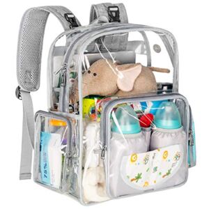 Diaper Bag Backpack, Clear Baby Bag Heavy Duty Transparent Backpack for Girls Boys, Multifunction Large Travel Back Pack Maternity Baby Nappy Changing Bags for Mom with Stroller Straps, Gray