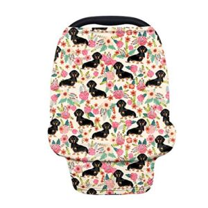 AFPANQZ Floral Dachshunds Baby Car Seat Cover Canopy and Nursing Cover Infant Car Canopy Spring Autumn Winter Snug Warm Breathable Windproof Open Peep Top Universal Fit Pink Flowers