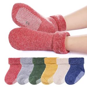 6 Pairs Baby Boy Girl Non Slip Socks Child Toddler Winter Thick Soft Wool Kids Warm Socks with Grips (Solid Color B, 1-3T)