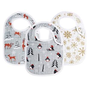 Snap Muslin Bibs for Boys & Girls, Baby Christmas Bibs for Infants, Newborns and Toddlers,100% Cotton Muslin Absorbent & Soft Layers,”Snowy ”