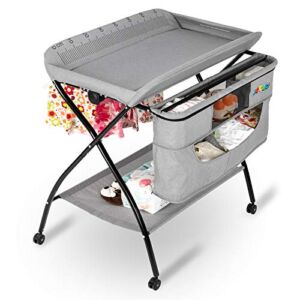 JOYMOR Portable Diaper Changing Station,Folding Baby Changing Table for Infant, Moblie Diaper Changing Table with Wheels, Large Storage Basket ＆ Shelf Portable Nursery Organizer (Grey)