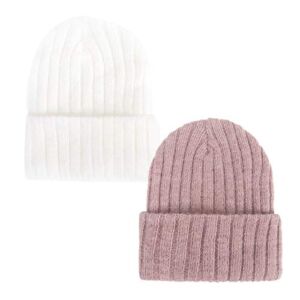Newborn Baby Wool Hat Cap Turban Toddler Warm Hat Kids Baby Cap Set (White+Pink)
