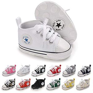 Baby Girls Boys Shoes Soft Anti-Slip Sole Newborn First Walkers Star High Top Canvas Denim Unisex Infant Sneaker (A01-White, 0-6 Months)