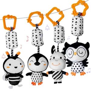 4 High Contrast Newborn Toyd Black and White Rattles Baby Hanging Toys for Infants 0 3 6 12 Months, Infant Black and White Baby Sensory Soft Toys Tummy Time for Visual Stimulation
