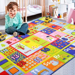 AROGAN Kids Carpet Playmat Rug with Numbers, Shapes, Animals Pattern, Children Learn and Educational Rugs, Non Slip Play Rug for Nursery Bedroom Play Room, 4×6 Feet