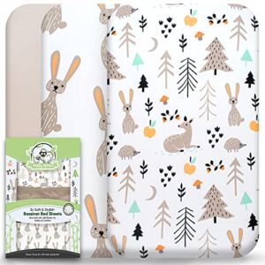 Wooly Heroes Baby Bassinet Sheets, 3 Pack ~ Premium Jersey Cotton Material ~ Fits All Bassinet Mattress Shapes – Comfort + Safety – Gender Neutral Design for Baby Girl & Boy (Bunny Design)
