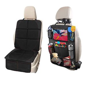 Car Seat Protector Set with Backseat Car Organizer, with iPad and Tablet Holder Kick Mat Cover, Storage Pockets for SUV, Sedan, Truck, Leather and Fabric Car Seat