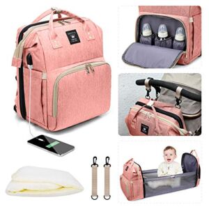 Leogreen 3 in 1 Diaper Backpack with Changing Station, Portable Baby Bag with USB Charging Port, Bassinet, Large Capacity Travel Nappy Bag with Stroller Straps Thermal Pockets, Pink