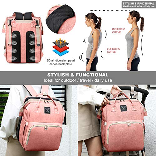Leogreen 3 in 1 Diaper Backpack with Changing Station, Portable Baby Bag with USB Charging Port, Bassinet, Large Capacity Travel Nappy Bag with Stroller Straps Thermal Pockets, Pink | The Storepaperoomates Retail Market - Fast Affordable Shopping