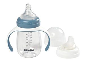 BEABA 2-in-1 Baby Bottle to Training Sippy Cup, Learning Cup, Baby Bottle Nipple and Soft Silicone Sippy Spout, Spill Proof, Baby, Toddler 7 oz (Rain)