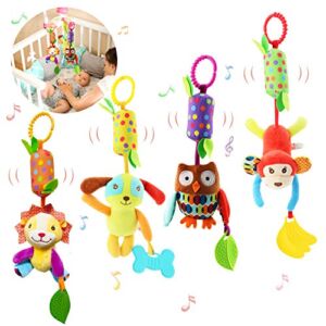 Bloobloomax Baby Soft Hanging Rattle Crinkle Squeaky Dangling Toy Car Seat Stroller Toys with Plush Animal C-Clip Ring for Infant Babies Boys and Girls 3 6 9 to 12 Months (4 Pcs)