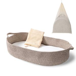 Baby Changing Basket – Moses Basket Changing Table Topper and Thick Foam Pad with Removable Cotton Mattress Cover, 100% Cotton Boho Nursery Decor in Coffee Color with Storage Bag