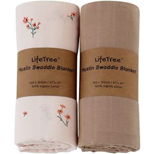 LifeTree Baby Boys Girls Swaddle Blanket, Muslin Swaddling Wrap Receiving Blanket for Newborn, 100% Organic Cotton, Large 47 x 47 inches, Solid Color/Flower Print