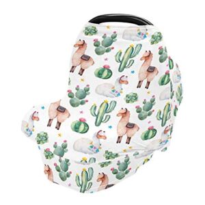 Baby Car Seat Covers for Newborns – Stretch 360 Coverage Infant Carseats Covers Nursing Poncho Breastfeeding Scarf Stroller Canopy Green Watercolor Cactus and Cute Llama