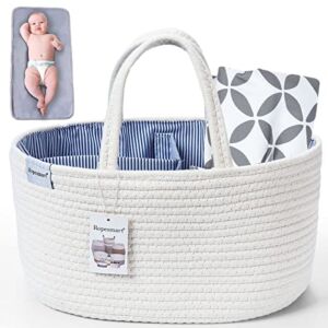 Ropesmart Baby Diaper Caddy Organizer, Portable diaper caddy,Cotton Rope Shower Gift Basket,Diaper Storage Basket for Changing Table & Car with Removable dividers,Portable changing Pad inc(White)