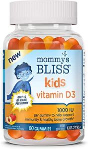 Mommy’s Bliss Kids Vitamin D3 Gummies, 1000 IU of Vitamin D3 Supports Immunity & Healthy Bone Growth, Gelatin Free, 1G of Sugar, Ages 2 Years+, Peach, Mango & Strawberry Flavors, 60 Day Supply