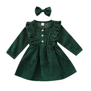 Karuedoo Kids Toddler Baby Girl Corduroy Ruffle Long Sleeve Dress Princess Party Dress Fall Winter Skirt Outfit (A-Green, 2-3T)
