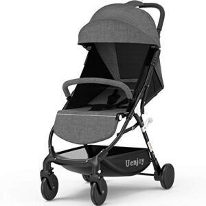 Uenjoy Baby Stroller One-Click Foldable Lightweight Stroller, with Lockable Universal Wheels, Five-Point Safety Belt, Adjustable Awning, Variable Seat and Recliner,Gray