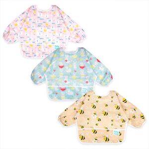 3 Pcs Long Sleeved Bib Set | Baby Waterproof Bibs with Pocket Bundle | Toddler Bib with Sleeves and Crumb Catcher | Stain and Odor Resistance Play Smock Apron – Pack of 3 | 6-24 Months