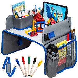 ADVO Kids Travel Tray Car Seat – Activity and Play Tray Organizer for Children and Toddlers, Lap Desk with Tablet Phone Holder, Waterproof and Foldable Whiteboard (Grey)