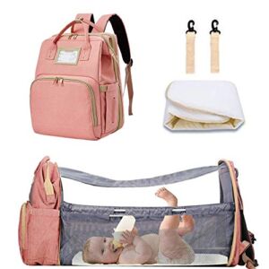 [Deluxe Version]Diaper Bag Baby bed, Travel Bassinet Backpack Portable Infant Crib With Sunshade and USB Charging Port for Mom, Diaper Bag Backpack with Fodable Crib. (Pink)