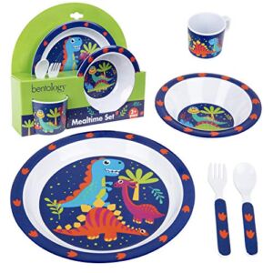 5 Pc Mealtime Baby Feeding Set for Kids and Toddlers – Includes Plate, Bowl, Cup, Fork and Spoon Utensil Flatware – Durable, Dishwasher Safe, BPA Free – Dino