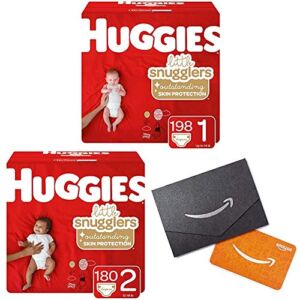 Huggies Little Snugglers Baby Diapers, Size 1, 198 Ct & Size 2, 180 Ct, One Month Supply with Gift Card