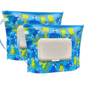 ULVBABI 2 Pack Portable Wet Wipe Pouch Container, Reusable & Refillable Baby Wipes Dispenser, Eco Friendly and Lightweight Handy Travel Diaper Wipes Carrying Case Holder (Inkfish Pattern)
