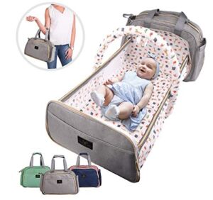 Gray 7-in-1 Convertible Baby Diaper Backpack Carrier Waterproof Folding Crib Essential Travel Baby Bag Bassinet USB Charging Port PU Wallet Changing Pad Lightweight 4 Way Carry Spacious 19.6” x 10.2”