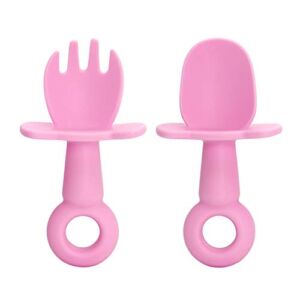 Toddler Utensils – Led Weaning Spoon and Fork, First Stage Led Weaning for 6+ Months, Silicone Baby Spoons and Forks (Pink)