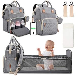 Diaper Bag Backpack with Changing Station Portable Baby Bag Foldable Baby Bed Back Pack Travel Waterproof Large Travel Bag with USB, Stroller Straps, Insulated Pockets, Gift for Mom Dad Light Grey