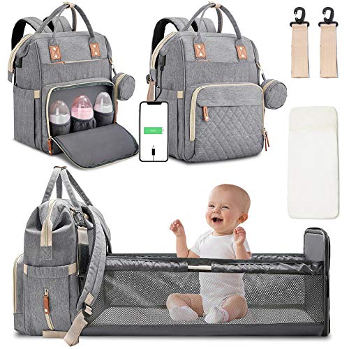 Diaper Bag Backpack with Changing Station Portable Baby Bag Foldable Baby Bed Back Pack Travel Waterproof Large Travel Bag with USB, Stroller Straps, Insulated Pockets, Gift for Mom Dad Light Grey | The Storepaperoomates Retail Market - Fast Affordable Shopping