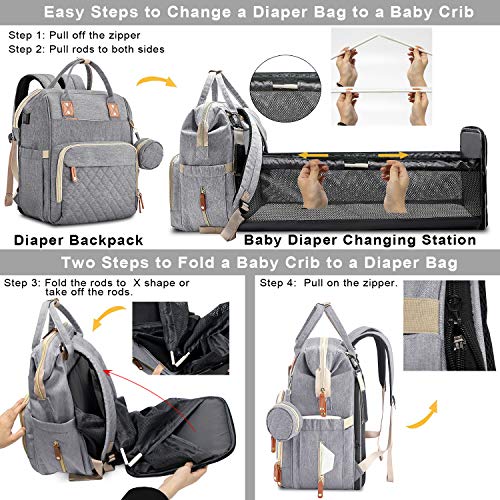 Diaper Bag Backpack with Changing Station Portable Baby Bag Foldable Baby Bed Back Pack Travel Waterproof Large Travel Bag with USB, Stroller Straps, Insulated Pockets, Gift for Mom Dad Light Grey | The Storepaperoomates Retail Market - Fast Affordable Shopping