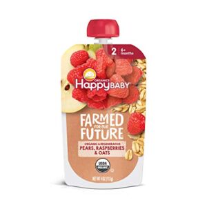 Happy Baby Organics Organic & Regenerative Stage 2 Baby Food, Pears Raspberries & Oats, 4 Ounce Pouch (Pack of 16)