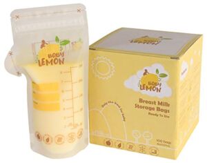 Baby Lemon Breast Milk Storage Bags with Spout – 8 oz, 100 Bags, Extra Thick, Leak Proof, Pre-sterilized, Ready to Use, BPA Free, Easy Write Material