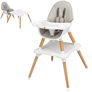 BABY JOY 5 in 1 High Chair, Convertible High Chairs for Babies and Toddlers/Booster Seat/Table and Chair Set, Infant Wooden Highchair w/ 5-Point Harness, 4-Position Removable Tray & PU Cushion, Gray | The Storepaperoomates Retail Market - Fast Affordable Shopping