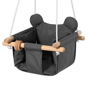 Mlian Secure Canvas and Wooden Baby Hanging Swing Seat Chair Indoor and Outdoor Hammock Backyard Outside Swing Kids Toys Swings 6-36 Months with Ear Décor Cushion and Natural Wooden Ring, Gray