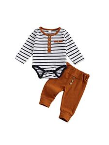 2Pcs/Set Newborn Baby Boys Outfit Long Sleeve Striped Bodysuit Romper Solid Pants Fall Winter Clothes (Khaki, 0-3 Months)