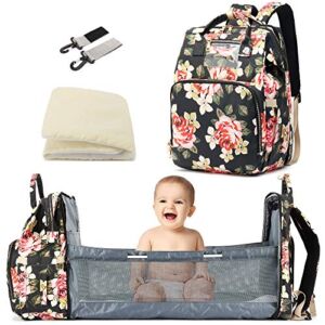 Floral Diaper Bag Backpack with Foldable Crib for Baby Girls Boys, Yusudan Mom Waterproof Large Nappy Bags for Women (Flower)