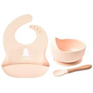 Babify Baby Feeding Set with Gift Box – BPA Free Silicone Suction Bowl, Spoon, Bib for Babies, Toddlers and Kids, Waterproof and Spill Resistant Tableware, Easy to Clean (Baby Pink)
