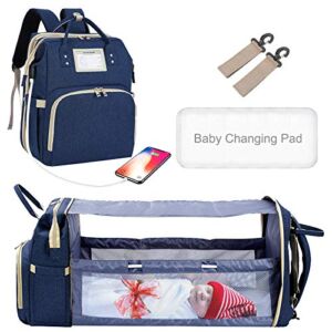 3 in 1 Foldable Baby Bed Backpack Large Capacity, Waterproof Changing Station Diaper Bags for Boys/Girls, Expanding Baby Backpack Portable Crib with Pad/Insulated Pocket/Shade Cloth (Blue)