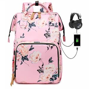 Diaper Bag Backpack, Floral Baby Backpacks with USB Charging Port Waterproof Maternity Nappy Bag with Insulated Feeding Bottle Pockets (Pink)